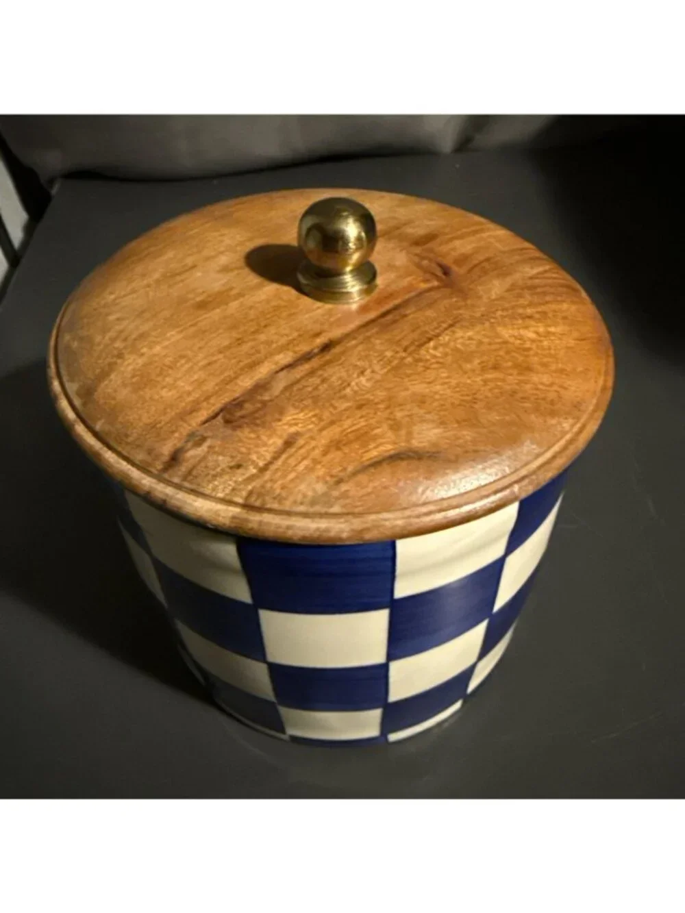 Blue & White Checked Round Ceramic  Canister w/ Acacia Wood Lid, 1 Qt